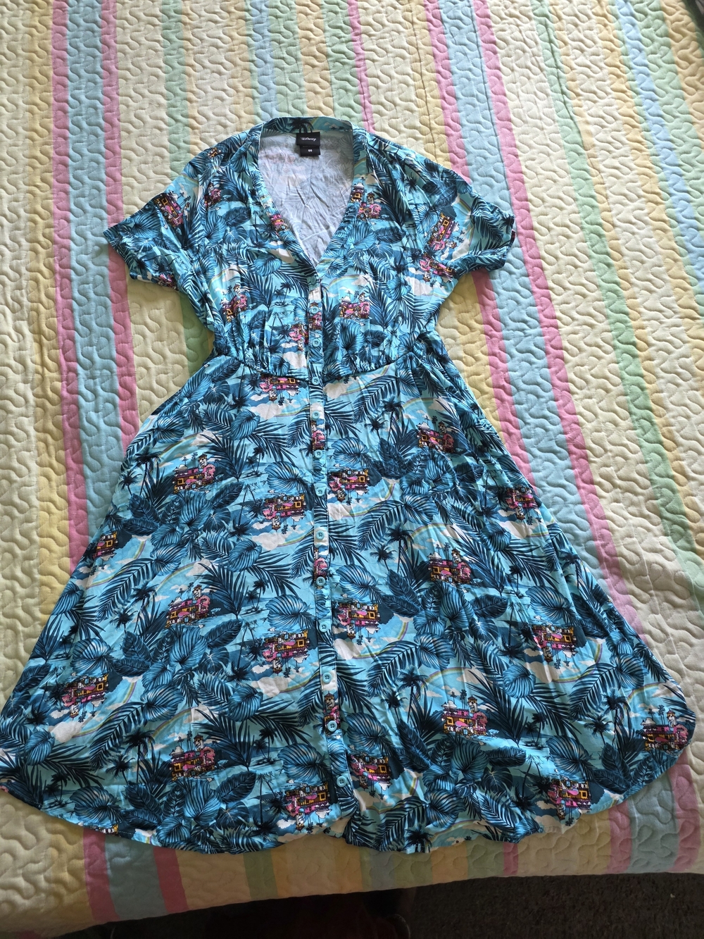 Disney Blue Tropical Midi Dress with Button Front